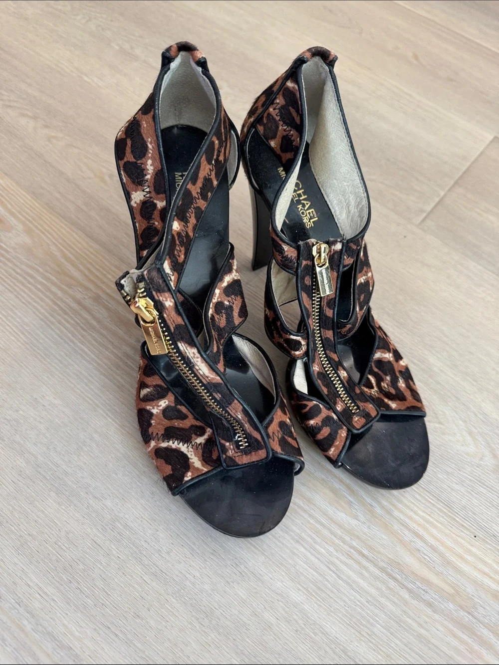 NEW Michael Kors Leopard-Print Zip Front Stiletto Sandals - Brown/Black/Gold